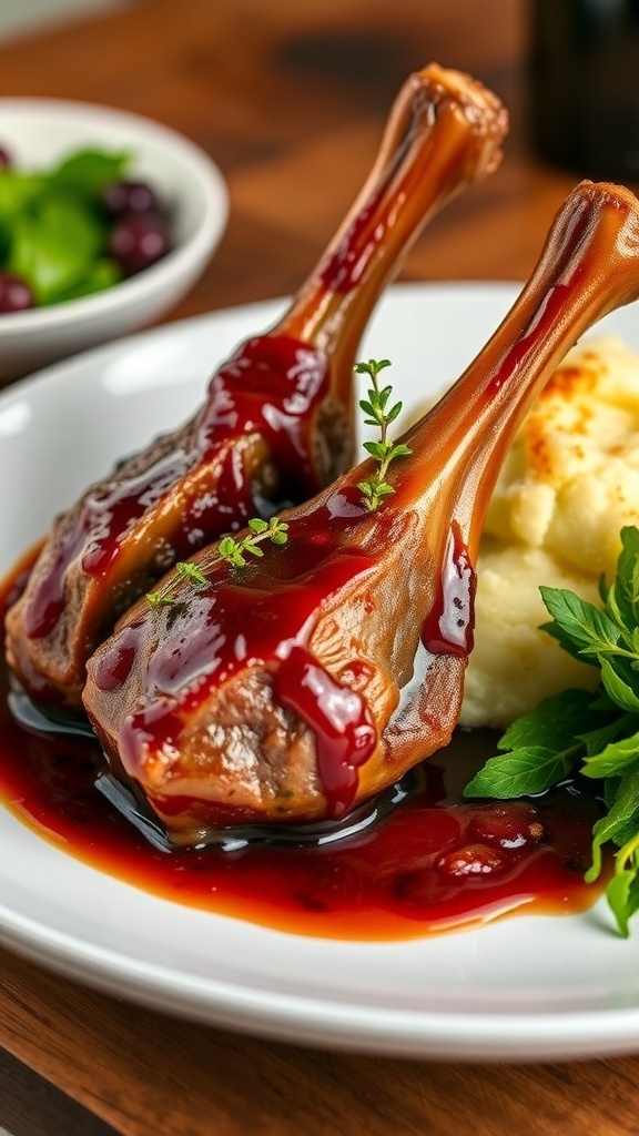 Braised Duck Legs with Herbs and Garlic Braised duck legs served with sauce, mashed potatoes, and a green salad on a rustic table.